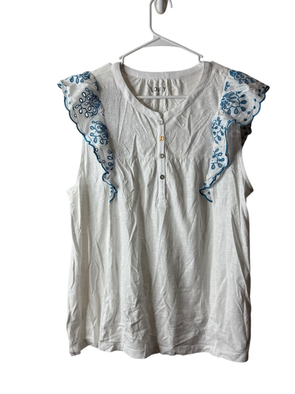 Loft White Eyelet Ruffle Embroidered Flutter Cap Sleeve Blouse